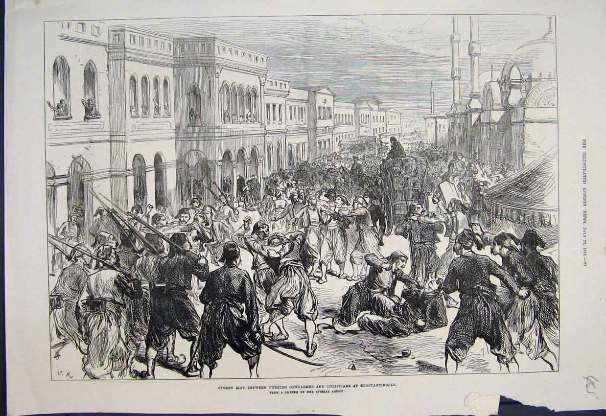Original Old Antique Print Street Riot Turks Gendarmes Christian Sketch 1876