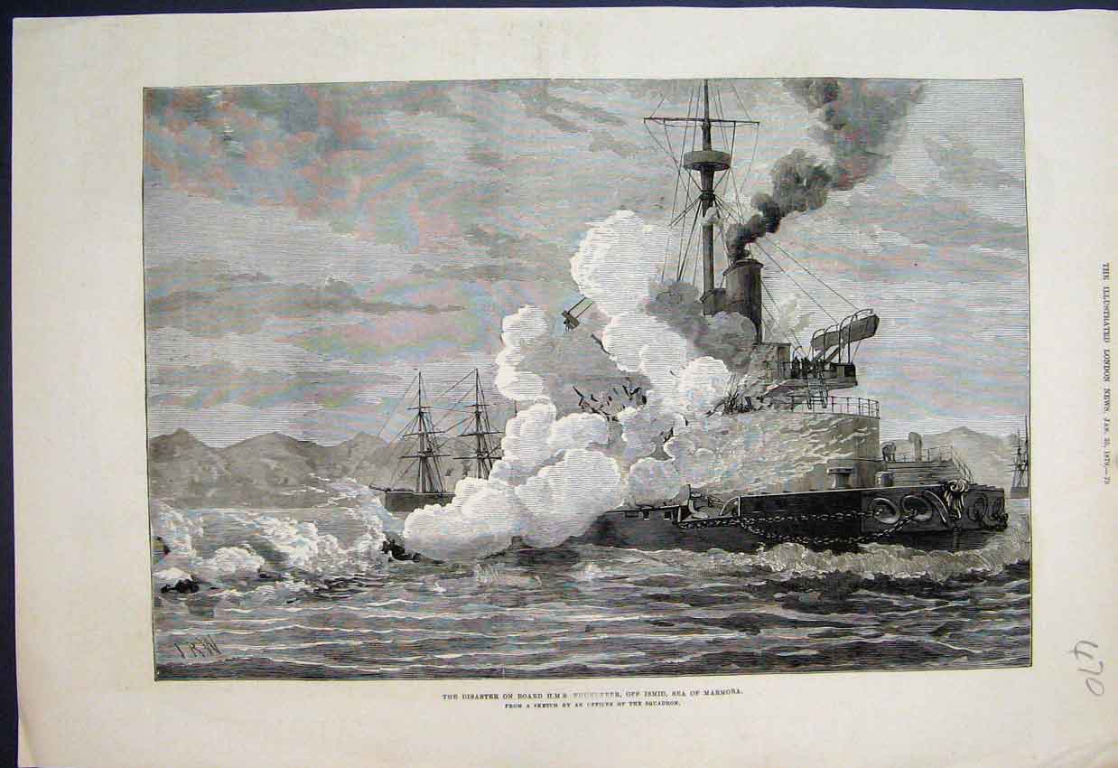 Original Old Antique Print Disaster Hms Thunderer Ismid Marmora Sketch 1879 19th