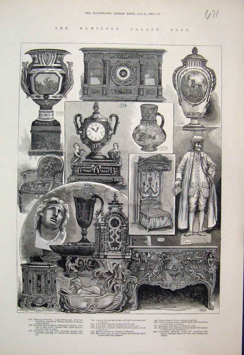 Original Old Antique Print Hamilton Palace Sale Furniture Clocks Bed 1882 19th