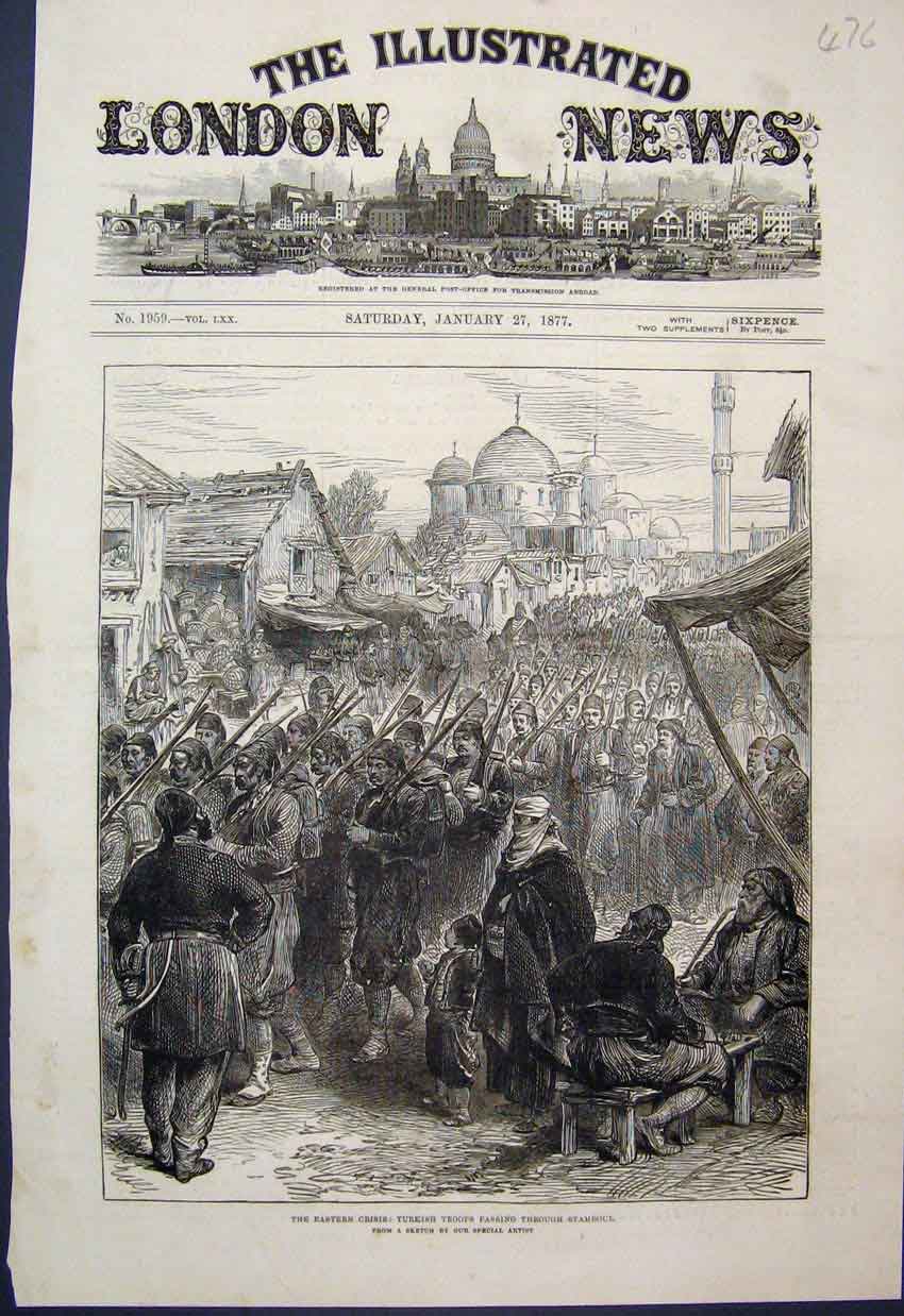 Old Antique Print Eastern Crisis Turkish Troops Pass Stamboul Sketch 1877 19th