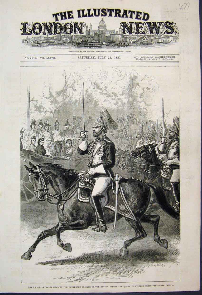 Original Old Antique Print Prince Wales HousehBrigade Queen Winsor Park 1880