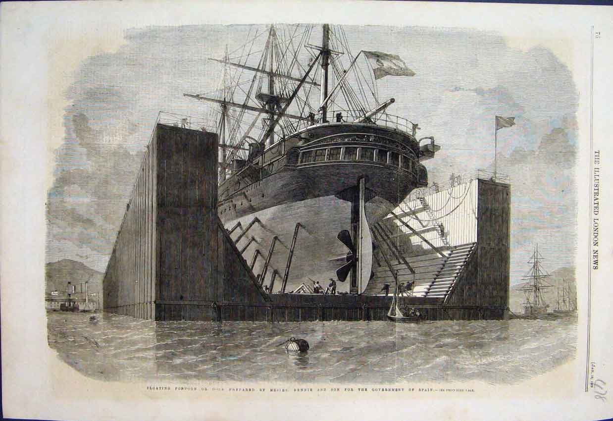 Original Old Antique Print Floating Dock Prepared Rennie Son Spain1862 Victorian