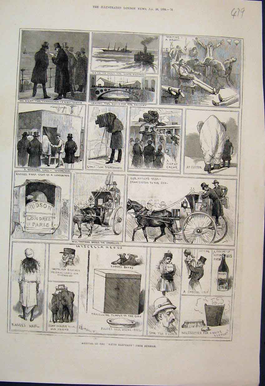 Original Old Antique Print Arrival The White Elephant Burmah Sketches 1884 19th