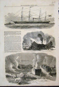 Original Old Antique Print Steamer Ship Fire Starkey Bros San Francisco 1851