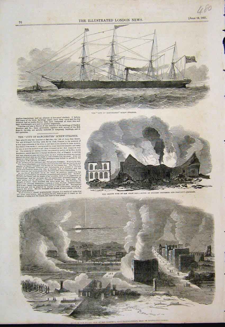 Original Old Antique Print Steamer Ship Fire Starkey Bros San Francisco 1851