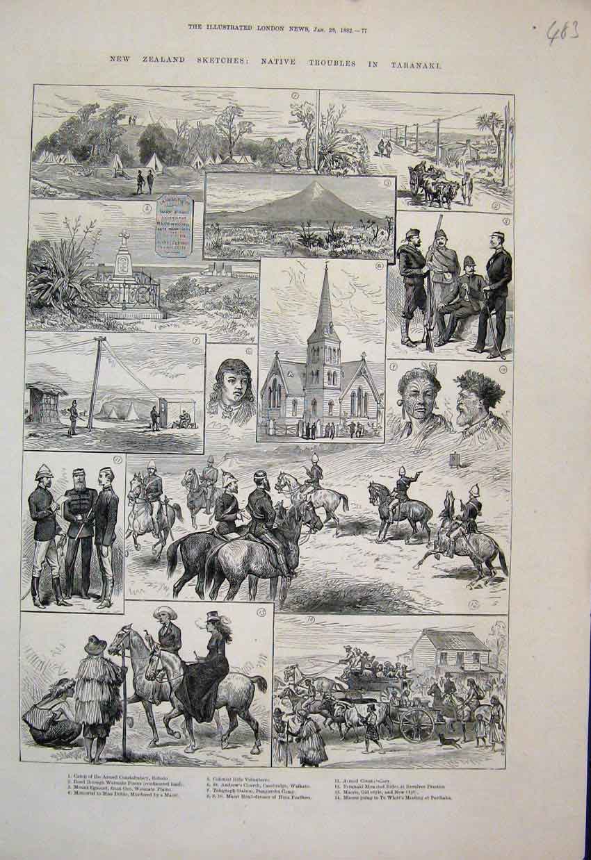 Original Old Antique Print New Zealand Sketches Troubles In Taranaki 1882 19th