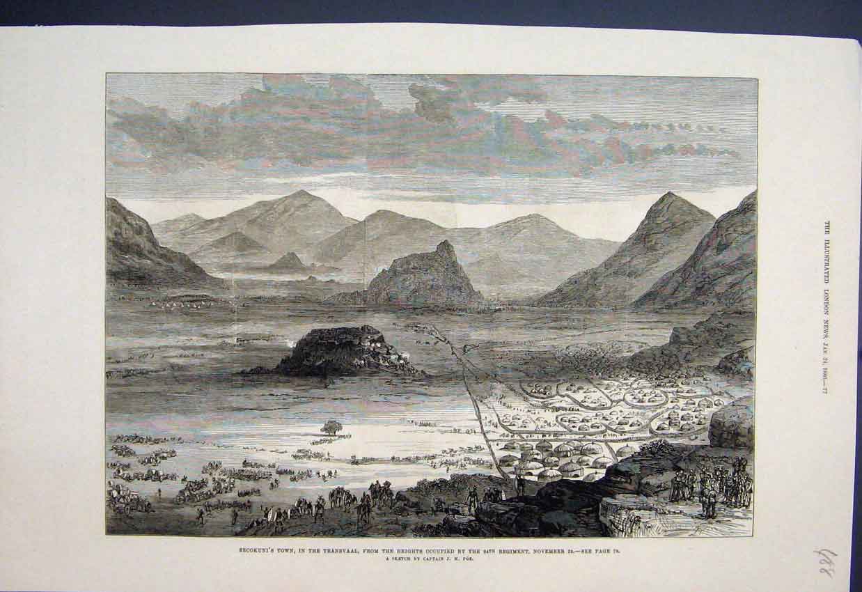 Original Old Antique Print Secokuni Town Transvaal 94Th Regiment Sketch 1880
