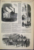 Original Old Antique Print Great Fire Lambeth Firemen Guildford St Sketch 1850