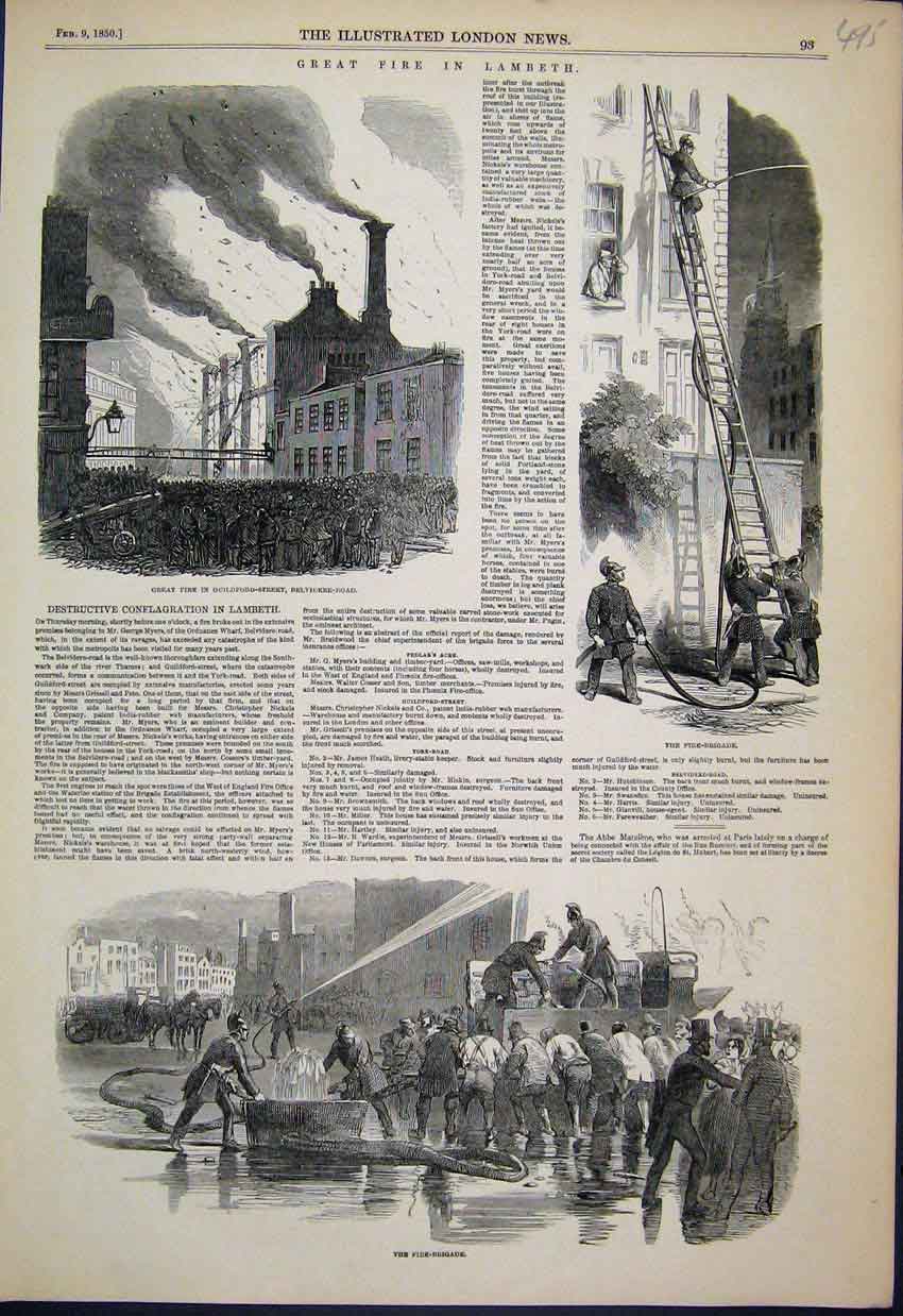 Original Old Antique Print Great Fire Lambeth Firemen Guildford St Sketch 1850
