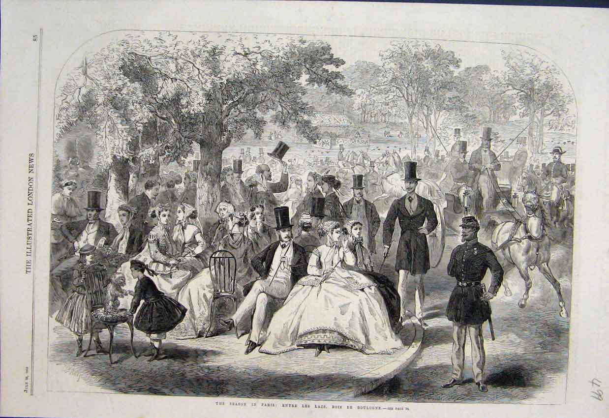 Original Old Antique Print Seasons In Paris Soaking Up The Sun 1866 Victorian