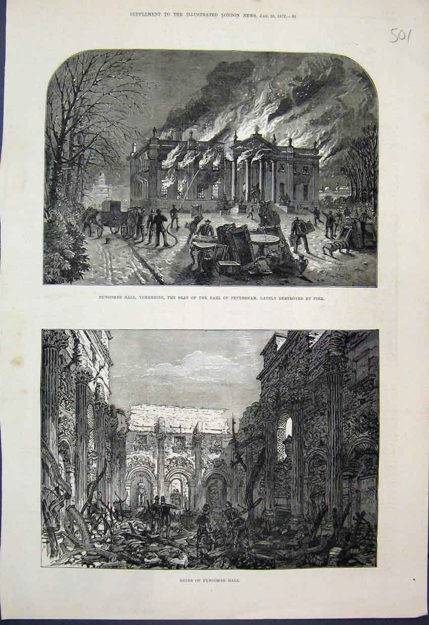 Original Old Antique Print Duncombe Hall Yorkshire Feversham Fire Ruins 1879