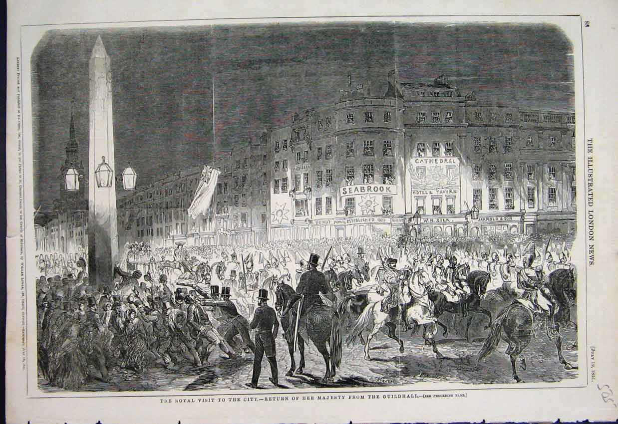 Original Old Antique Print Royal Visit Majesty Guildhall Crowd Scene 1851 19th