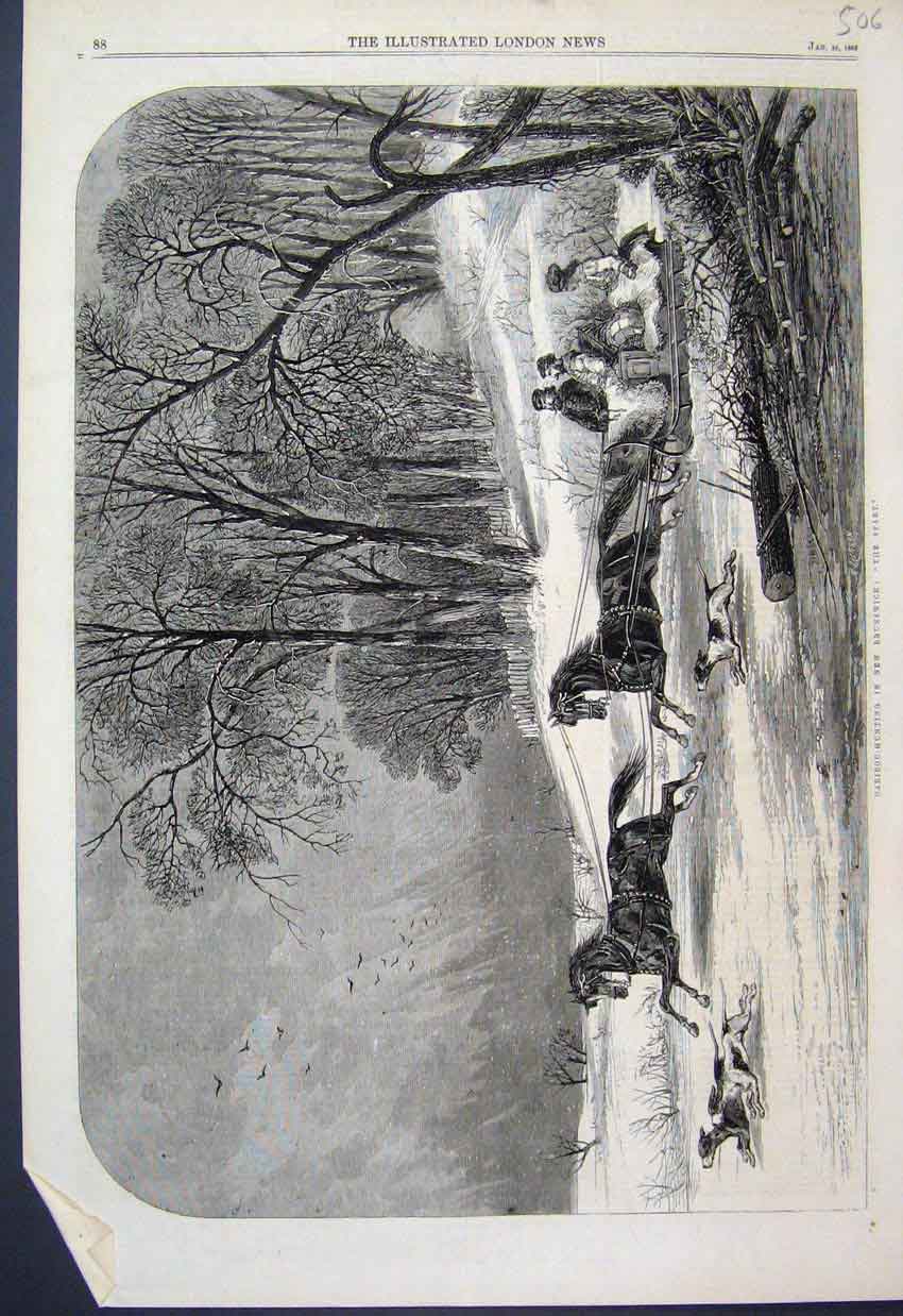Original Old Antique Print Caribou Hunting New Brunswick Horses Dogs 1863 19th