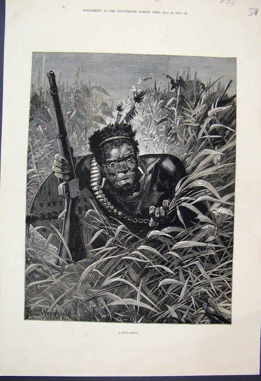 Original Old Antique Print Zulu Scout Gun Shield Queen Victoria Coronation 1879