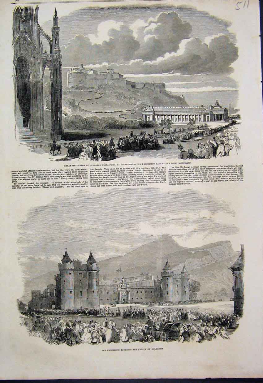 Old Antique Print Juvenile Abstainers Edinburgh Scott Monument1851 Sketch 19th