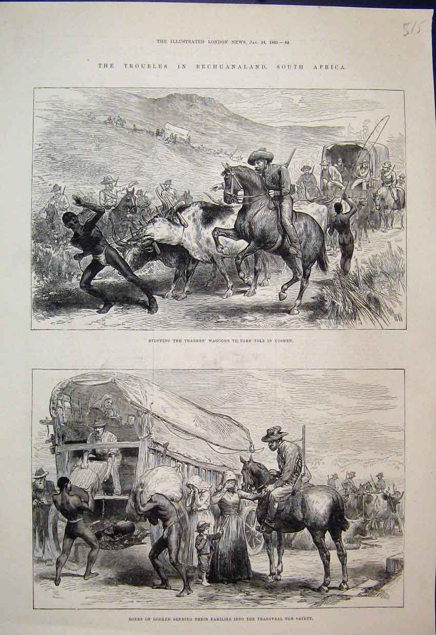 Original Old Antique Print South Africa Traders Wagon Held Goshen People1885