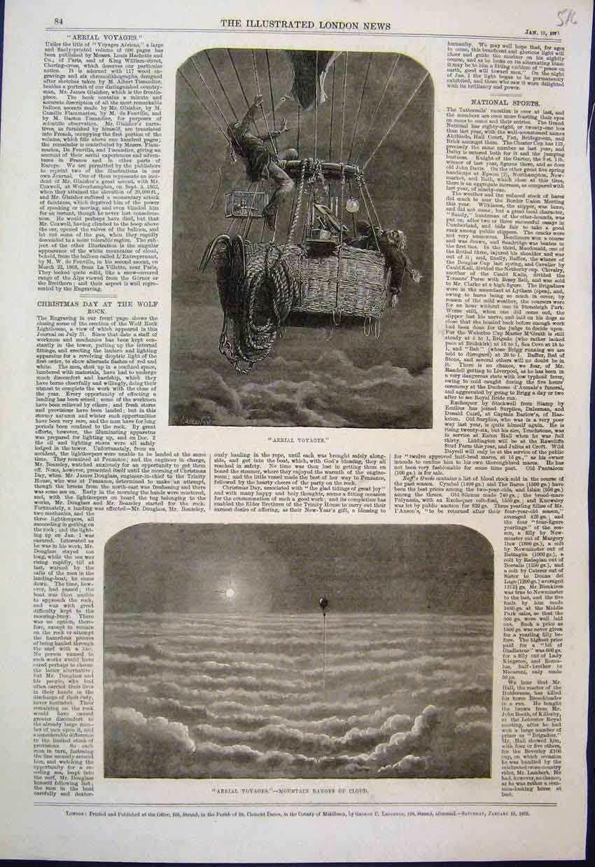 Original Old Antique Print Aerial Voyages Hot Air Balloon Clouds 1870 Victorian