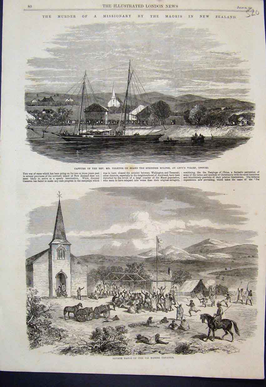 Old Antique Print Capture Volkner Levy Wharf Opotiki Mabire Fanatic 1865 19th