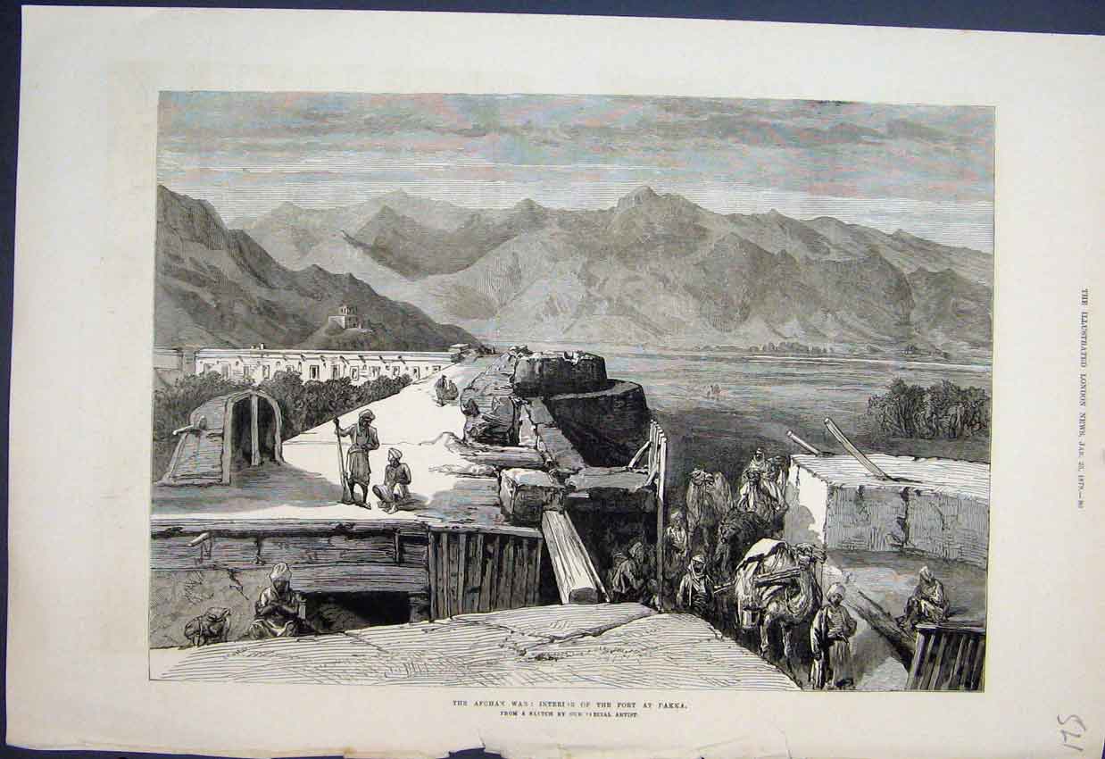 Original Old Antique Print Afghan War Inside Fort Takka Camels Sketch 1879 19th
