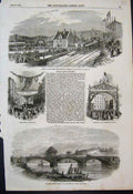 Original Old Antique Print North Devon Railway Iron Bridge Taw Barnstable 1854