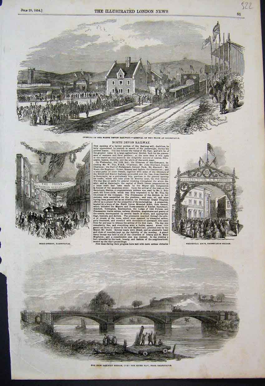 Original Old Antique Print North Devon Railway Iron Bridge Taw Barnstable 1854