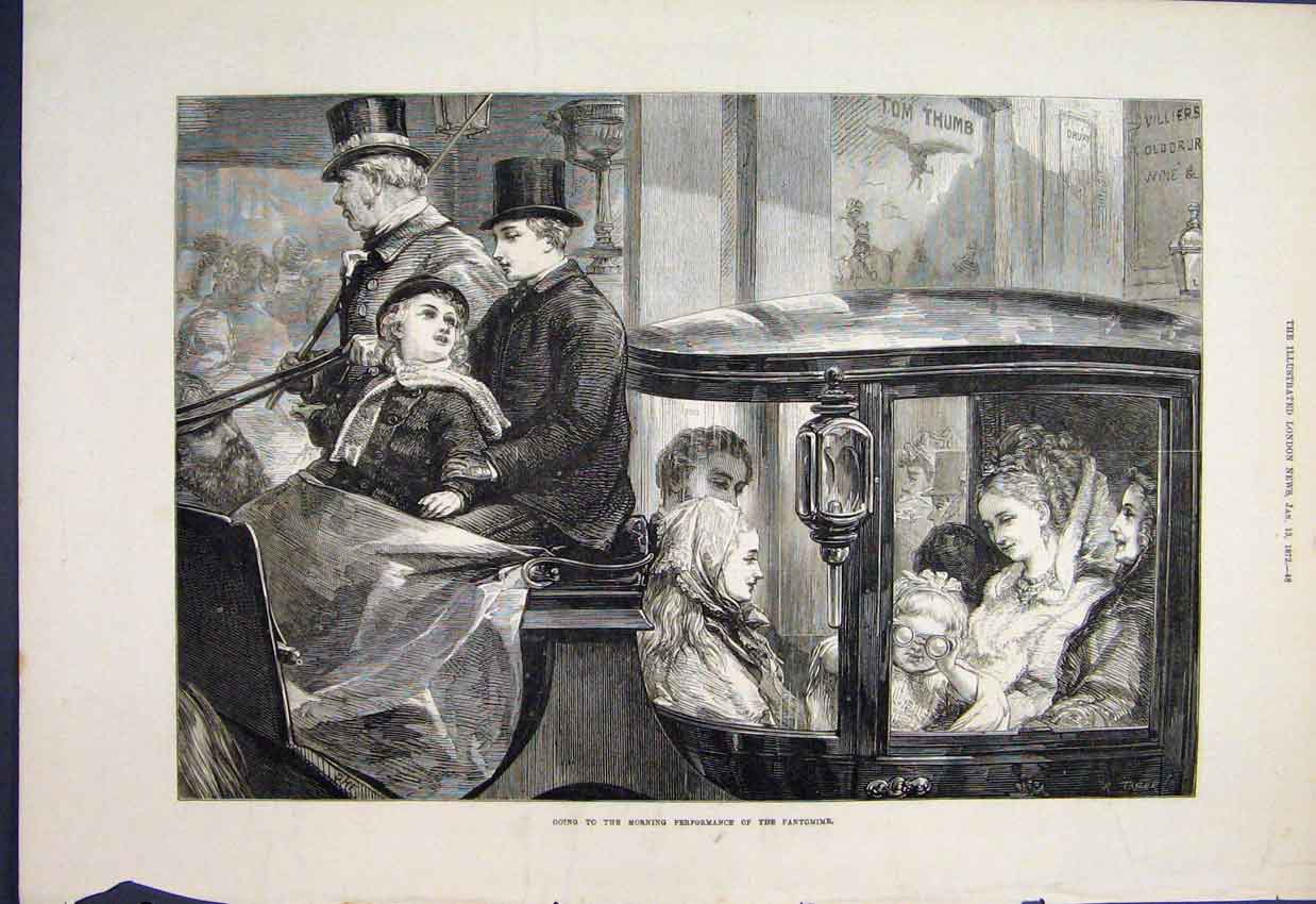 Original Old Antique Print Drury Lane Tom Thumb Carriage Ride Children 1872 19th