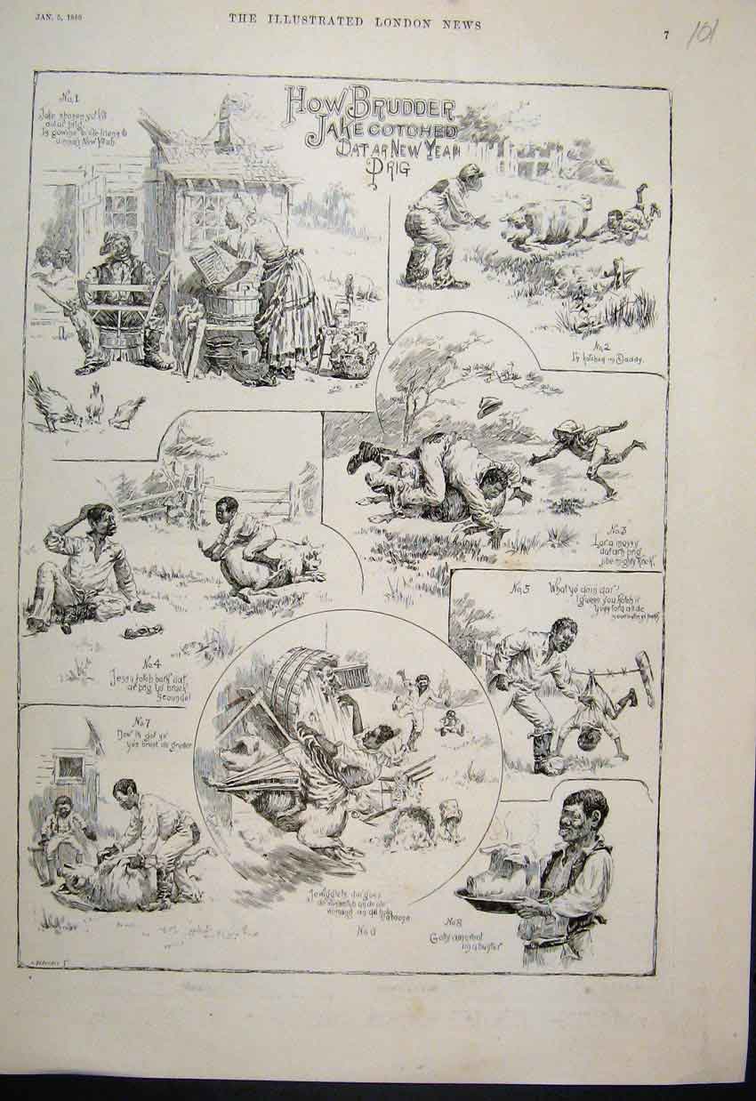 Original Old Antique Print Brudder Jack Kills New Year Pig 1889 Comedy Cartoon