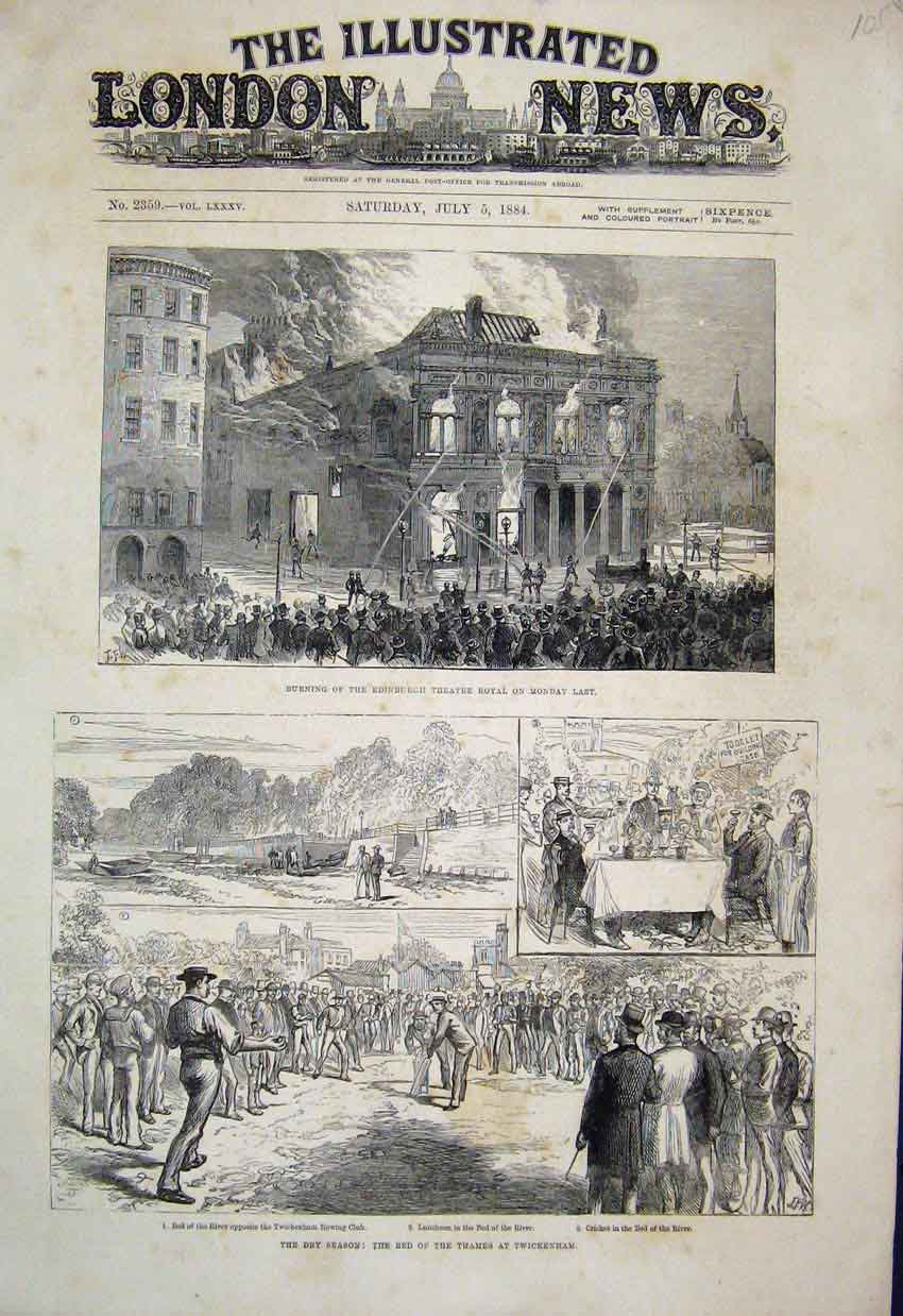 Original Old Antique Print Edinburgh Royal Theatre Fire Cricket Dry Thames 1884