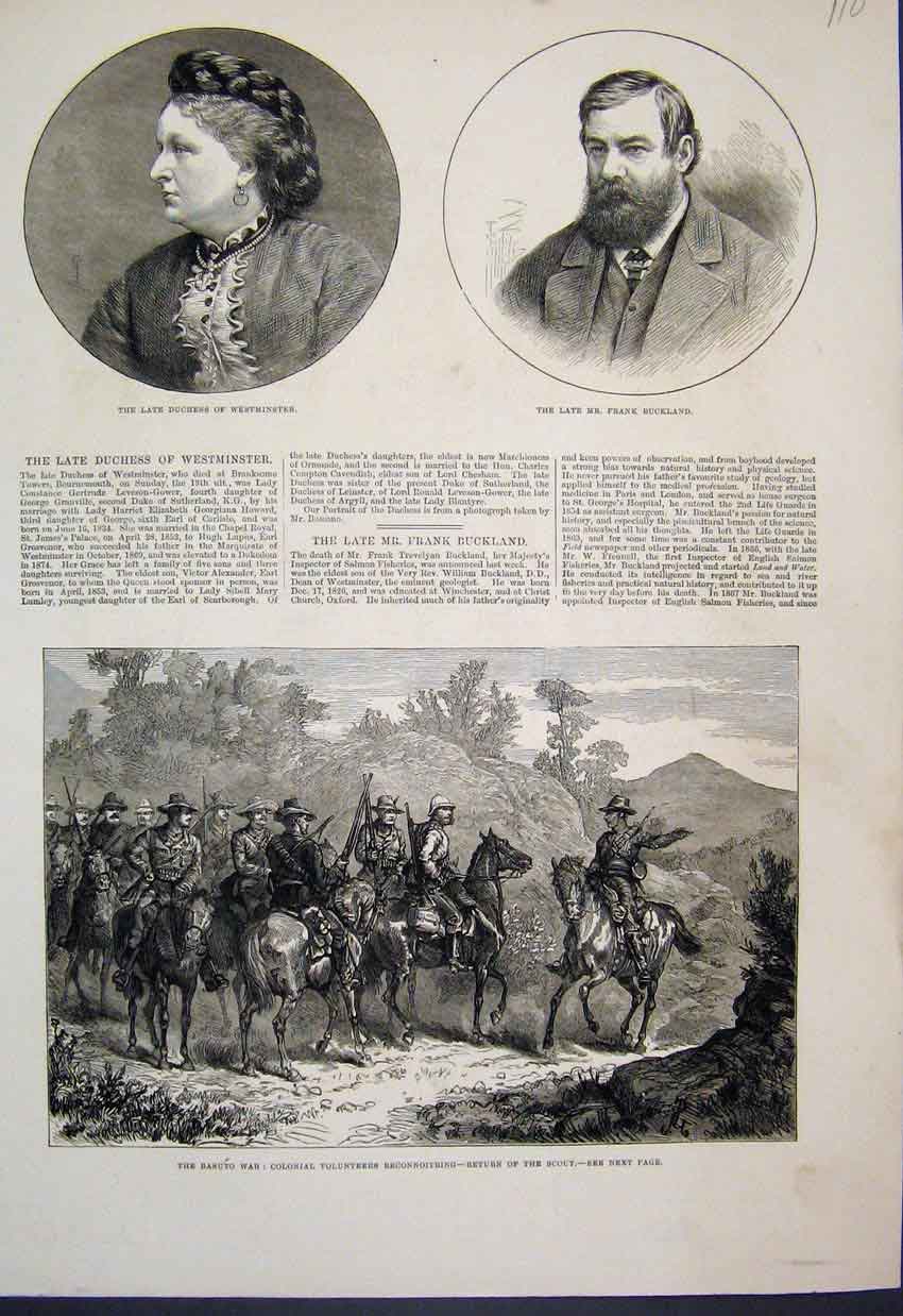 Old Antique Print 1881 Duches Westminster Frank Buckland Basuto War Scout 19th