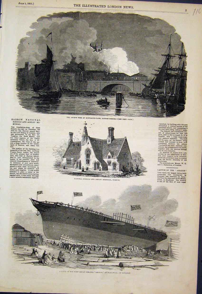 Original Old Antique Print 1851 Indian Steamer Amazon Harrow National Schools
