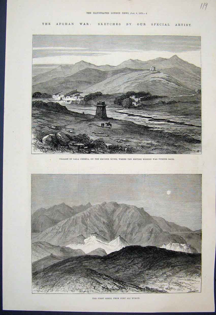Original Old Antique Print 1879 Afghan War Lala Cheena Khyber River Sketches
