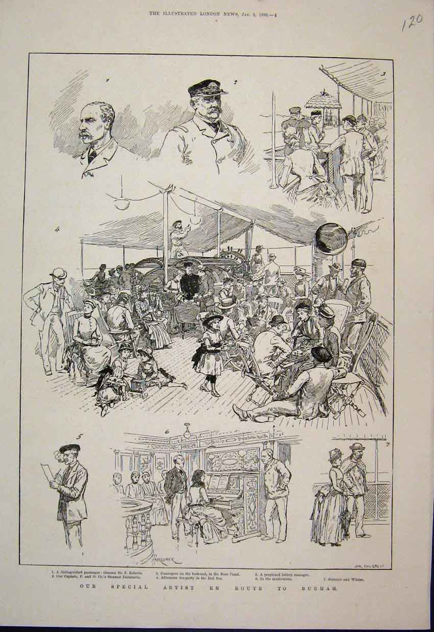 Original Old Antique Print 1886 Iln Artist On Route Burmah On Board Passengers