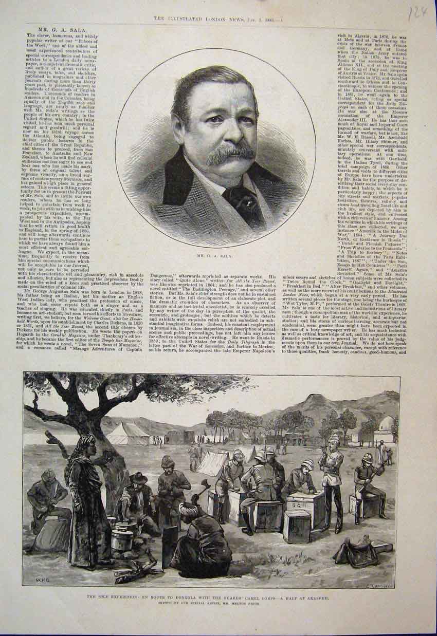 Original Old Antique Print 1885 G A Sala Journalist Camel Corps Akasheh 19th