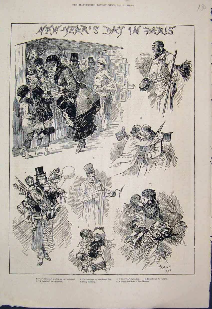 Original Old Antique Print 1882 New Years Day Paris Toy Vendor Greeting Sketches