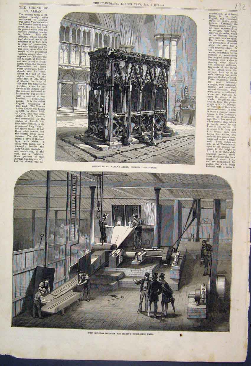 Original Old Antique Print 1873 Shrine St Albans Abbey Machine Horse Shoe Nails