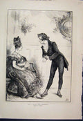 Original Old Antique Print 1879 Request A Dance Lady Romantic Gesture Barnard