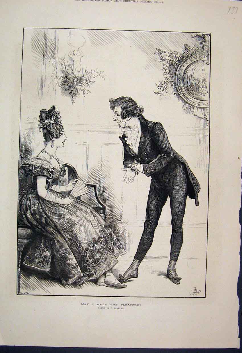 Original Old Antique Print 1879 Request A Dance Lady Romantic Gesture Barnard