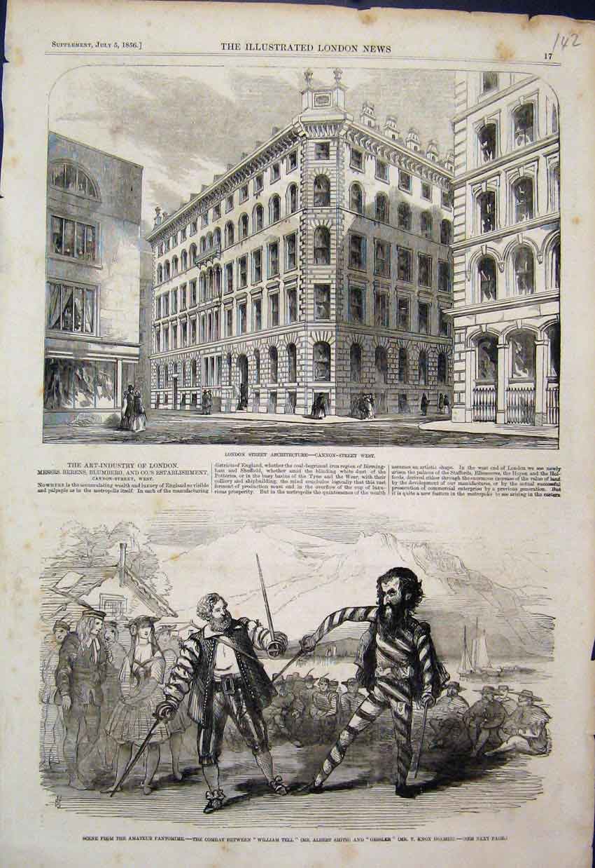 Original Old Antique Print 1856 Amateur Pantomine Combat William Tell Gessler