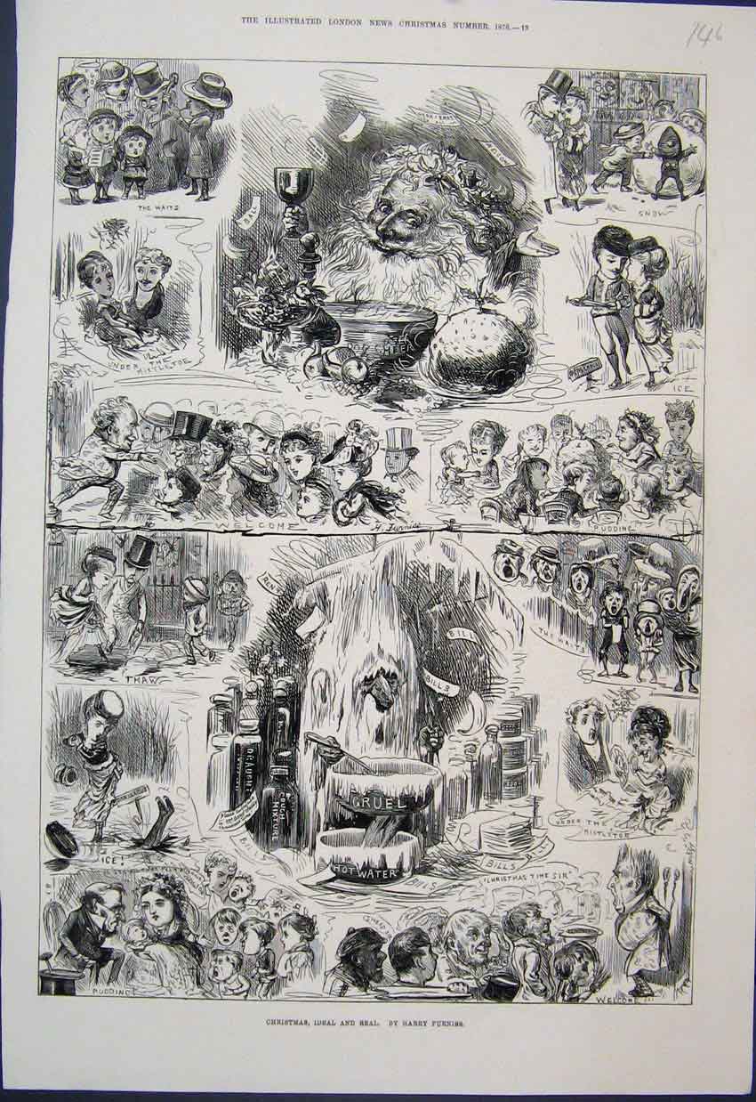 Original Old Antique Print 1876 Christmas Ideal Real Rich Poor Furniss Sketches