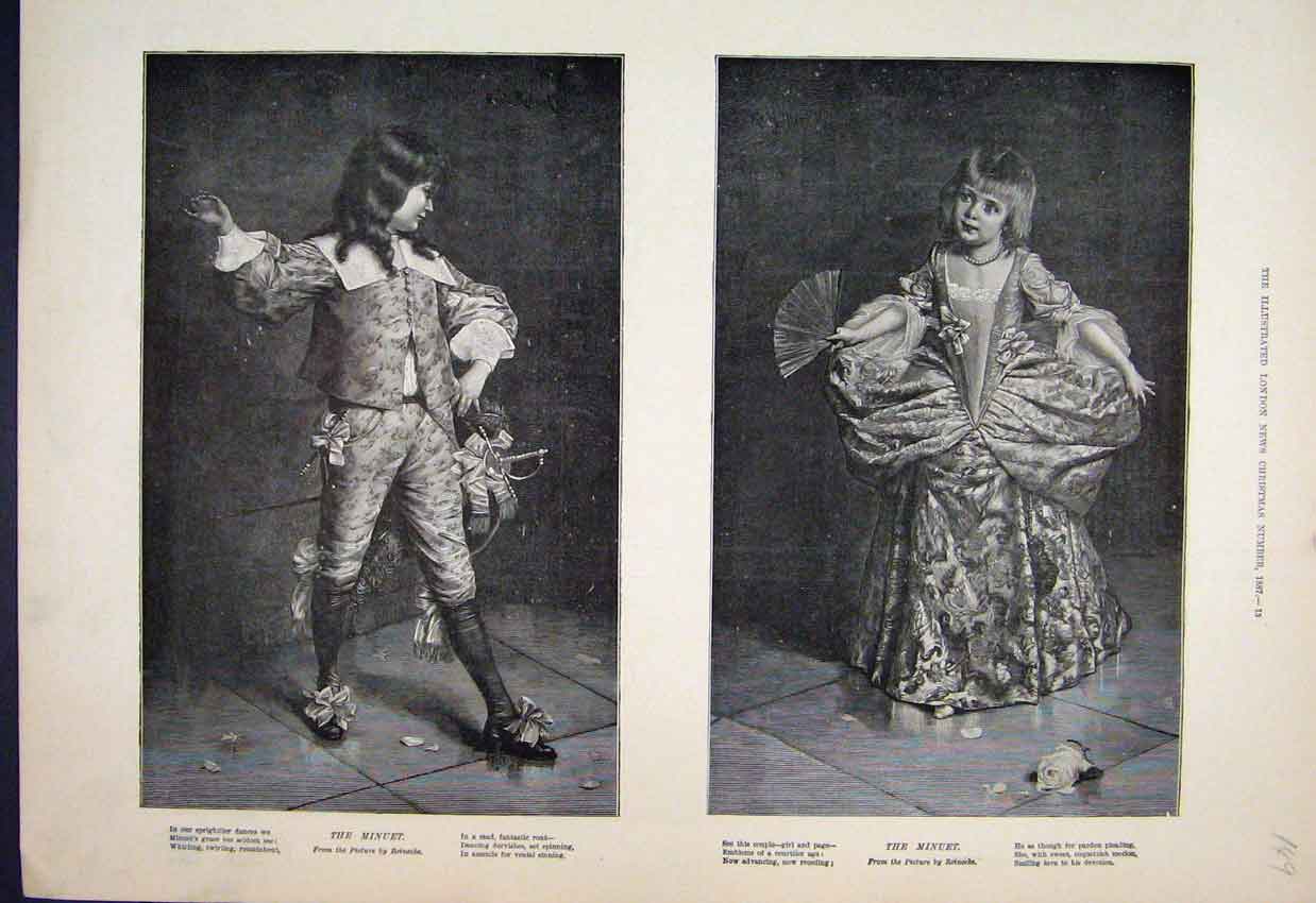 Original Old Antique Print 1887 The Minuet Boy Girl Dancing Picture By Reinecke