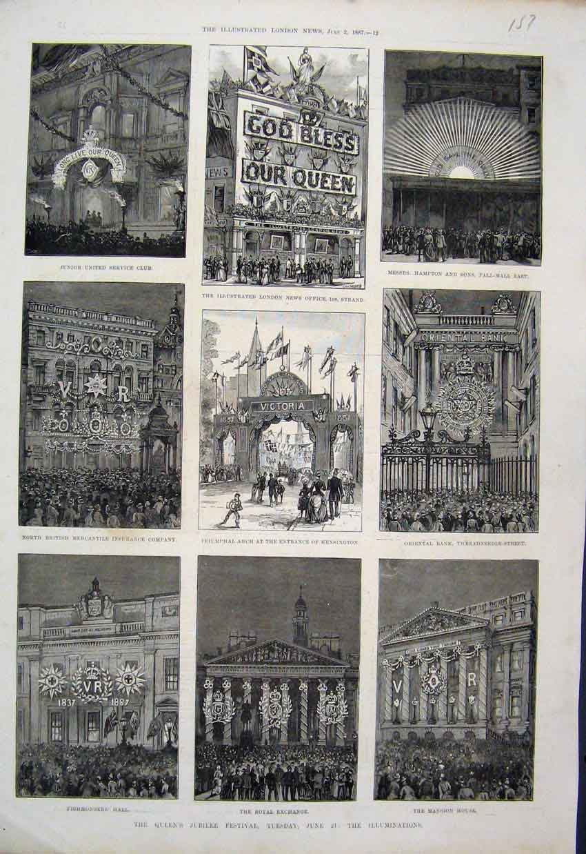 Original Old Antique Print 1887 Queens Jubilee Illiminations Scenes From London