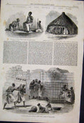 Original Old Antique Print 1863 King Uganda Hut Palace Guards Gateway Sketches