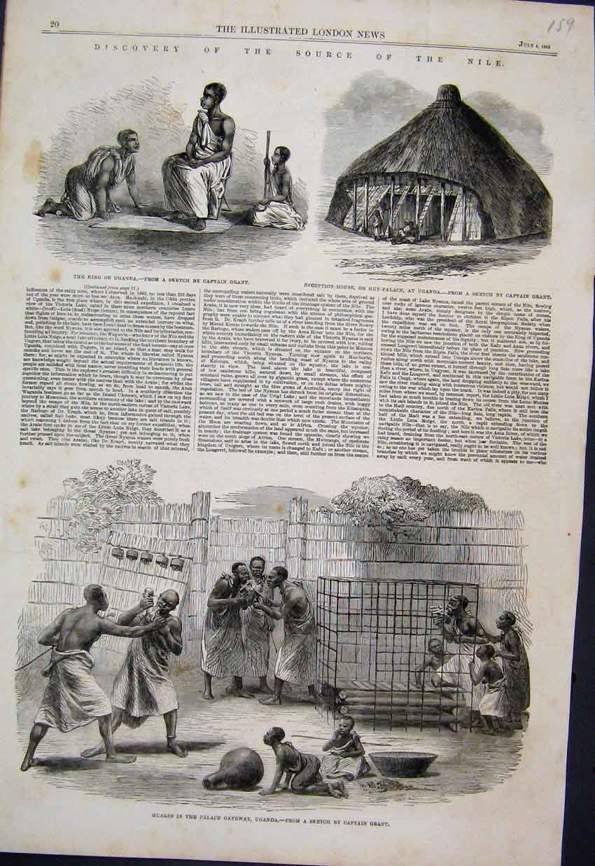 Original Old Antique Print 1863 King Uganda Hut Palace Guards Gateway Sketches