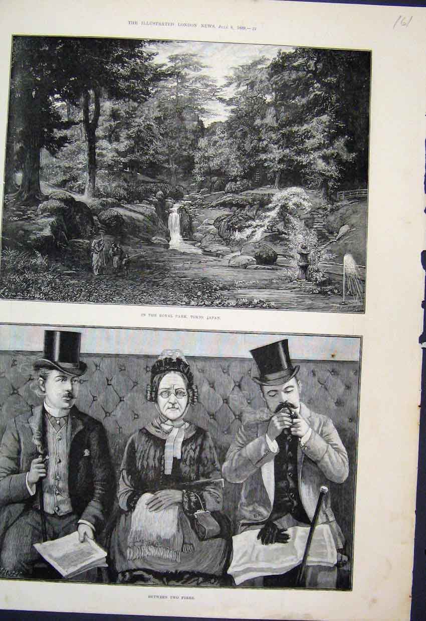 Original Old Antique Print 1889 Royal Park Tokio Japan Lady BetweenSmokers