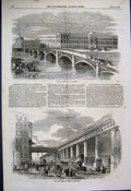 Original Old Antique Print 1851 Railway Viaduct Manchester Bridge St Peterburo
