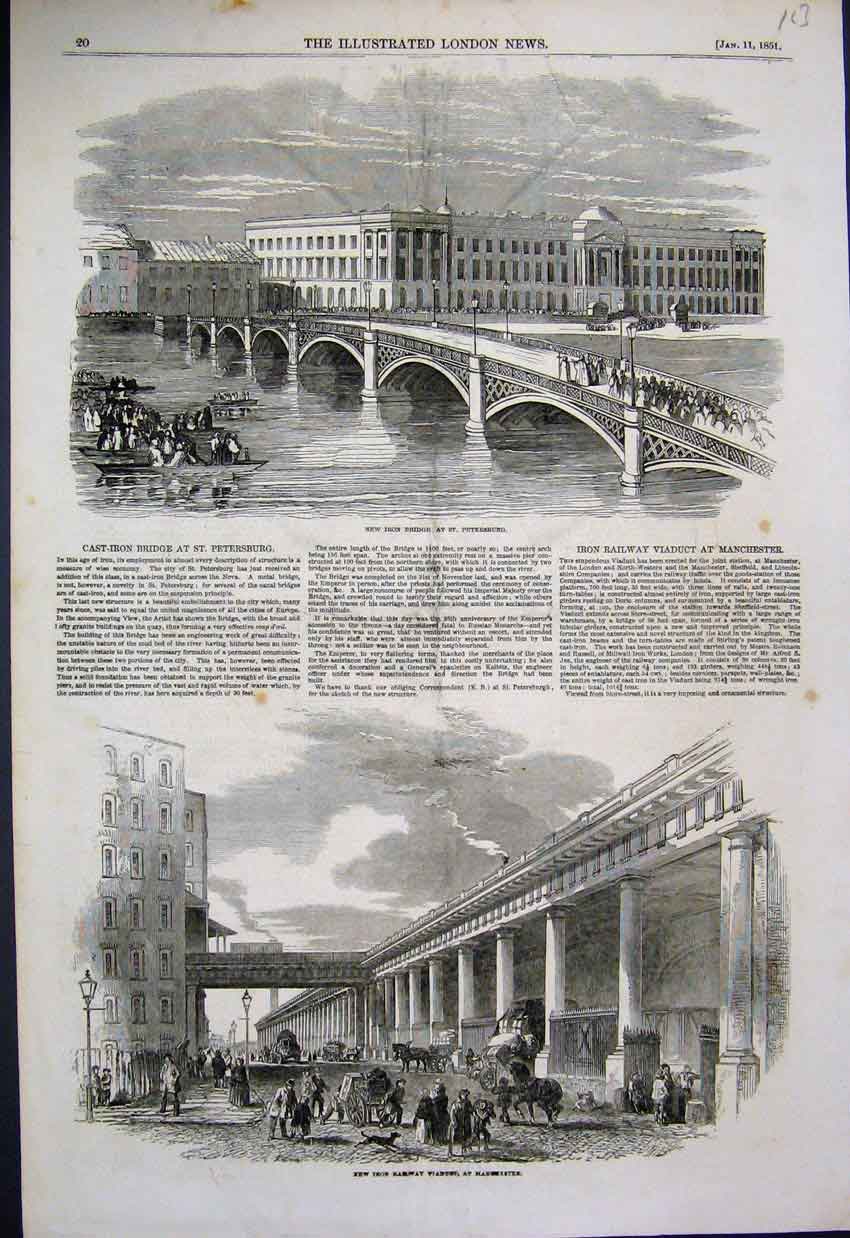 Original Old Antique Print 1851 Railway Viaduct Manchester Bridge St Peterburo