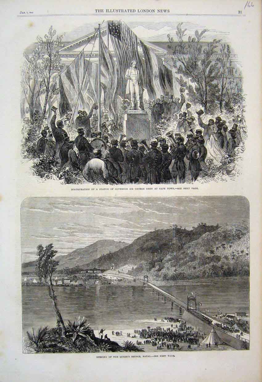 Old Antique Print 1865 Statue Governer George Grey Cape Town Bridge Natal 19th