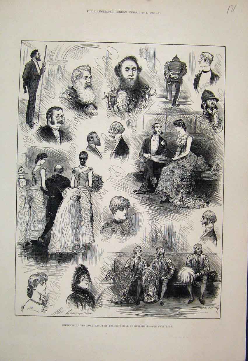 Original Old Antique Print 1882 Sketches Lord Mayor London Ball Guilford Hall