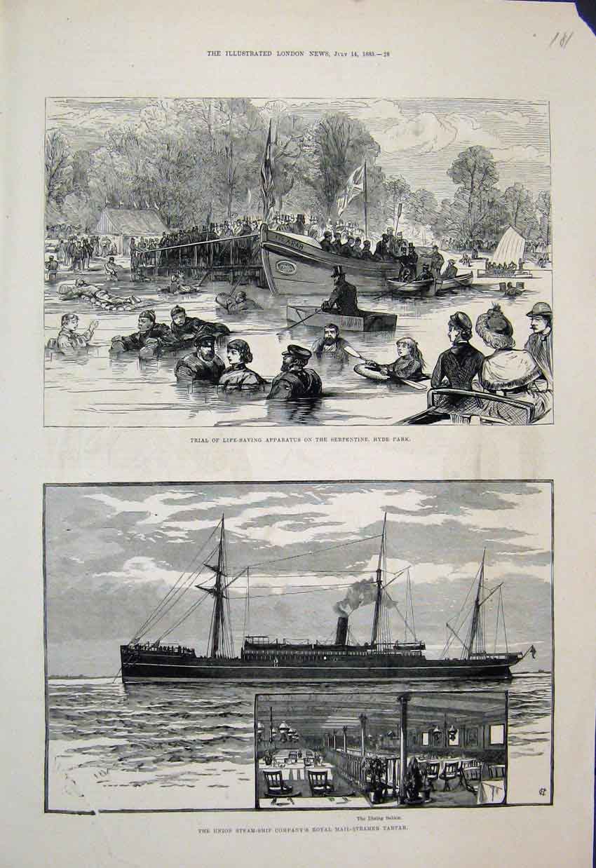 Original Old Antique Print 1883 Trial Life Saving Equipment Serpentine Hyde Park