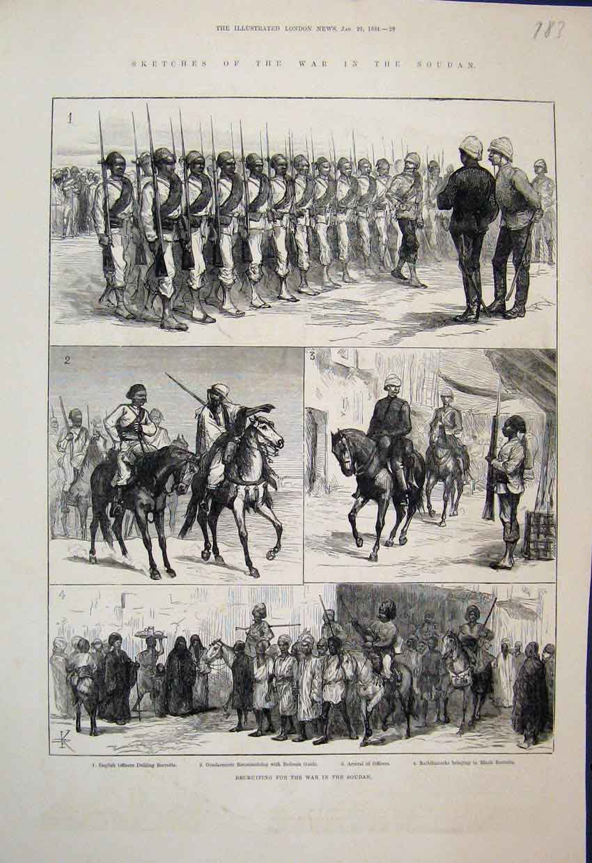 Original Old Antique Print 1884 Recruiting For Soudan War English Officers 19th